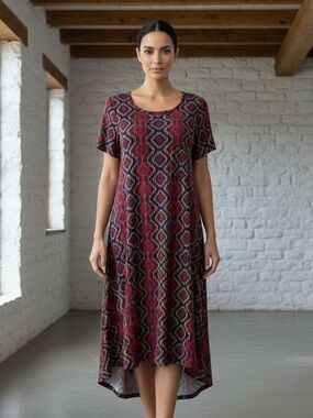 LuLaRoe Burgundy & Navy Geometric Print High-Low Midi Dress